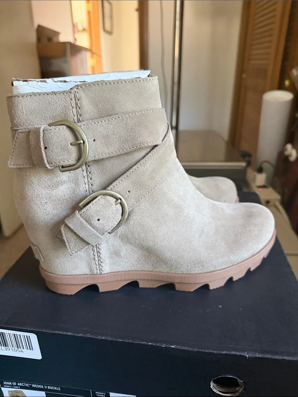 Sorel Beige Suede Joan of Arctic Wedge Ankle Boots with Double Buckle Straps